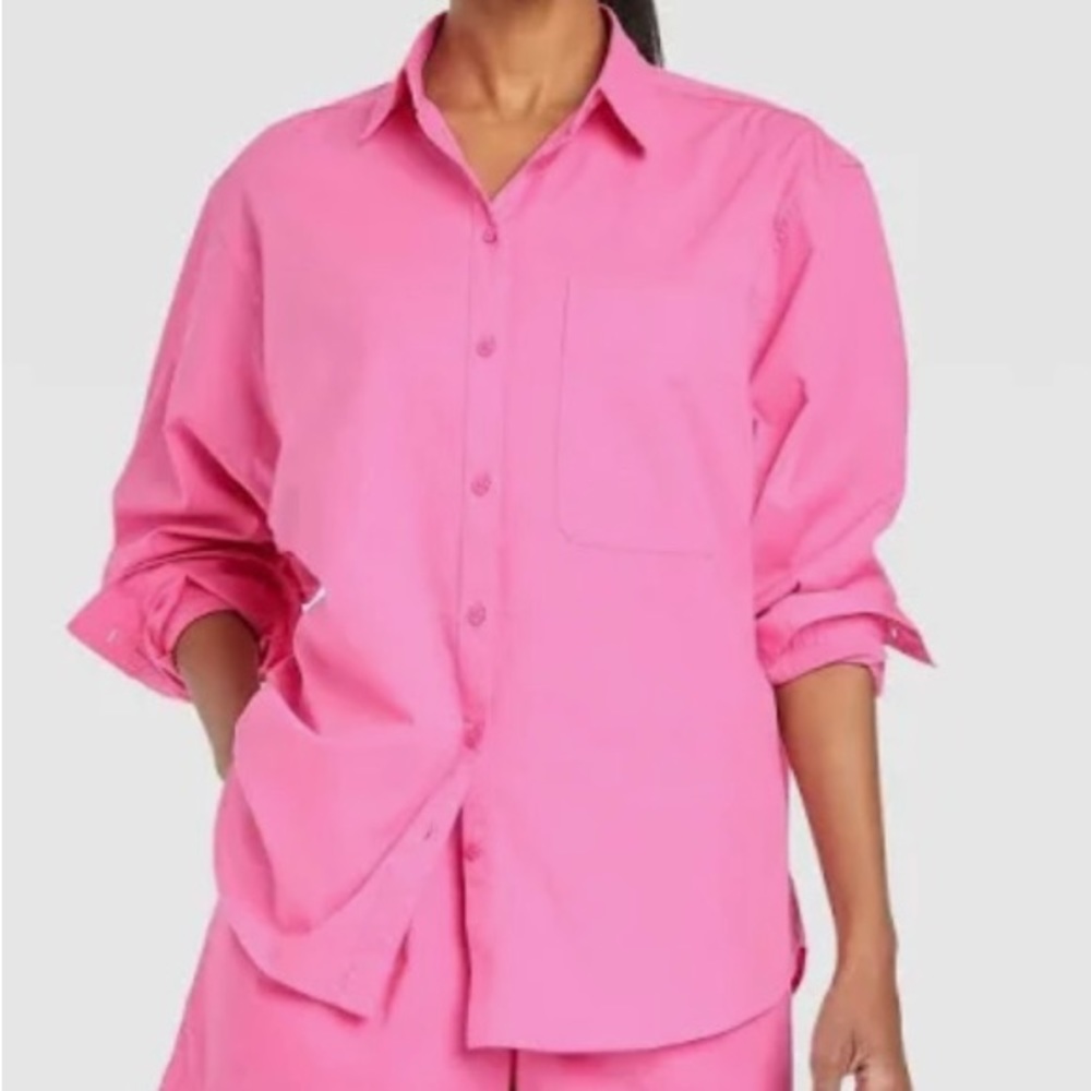 Barbie pink “A New Day” oversized boyfriend shirt for women. Size Small.